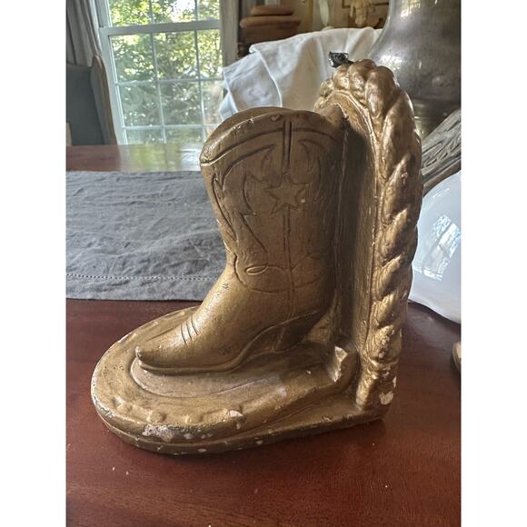 Vintage Single Cowboy Boot Horseshoe Texas Bookend gold Western decor 6x5x4” - Picture 1 of 10